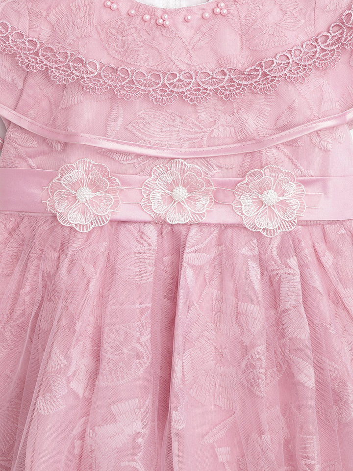 Girls Polyester Berry Pink Embellished Floral Dress
