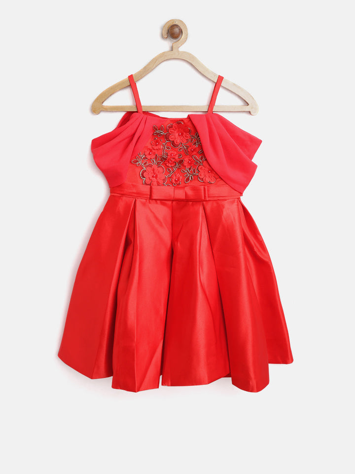 Girls Red Polyester Pleated And Embellished Party Dress