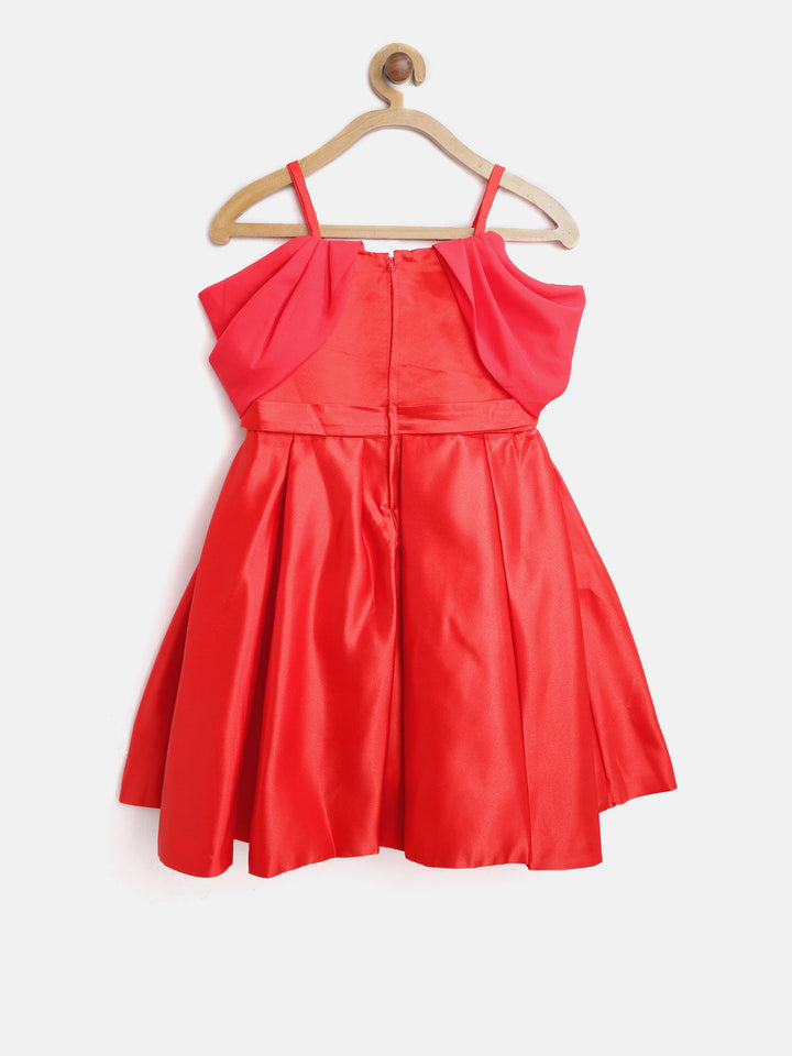 Girls Red Polyester Pleated And Embellished Party Dress