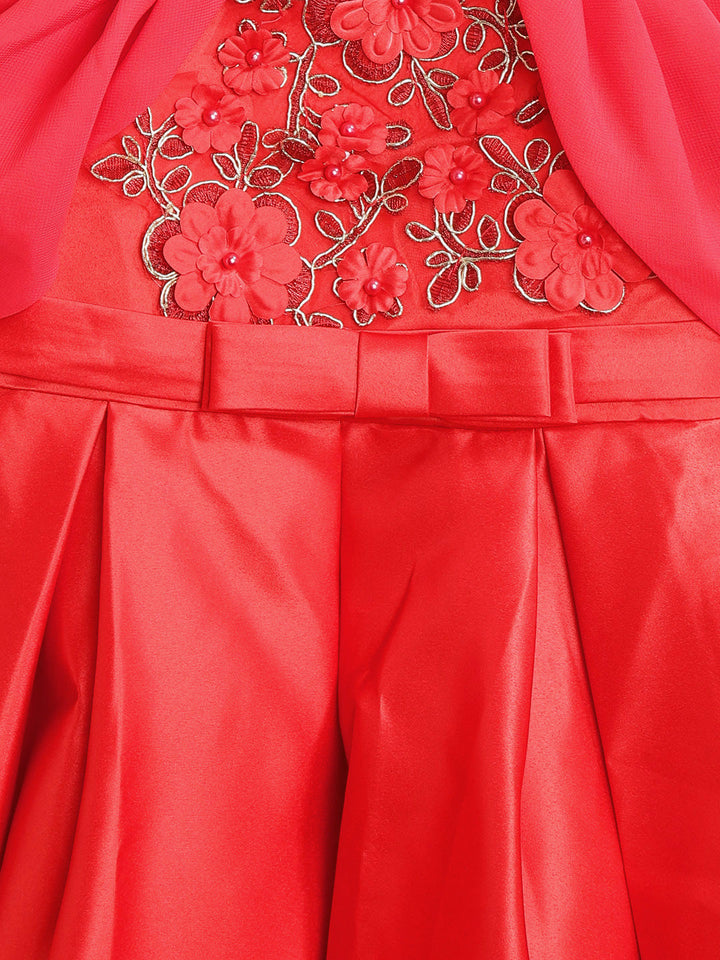 Girls Red Polyester Pleated And Embellished Party Dress