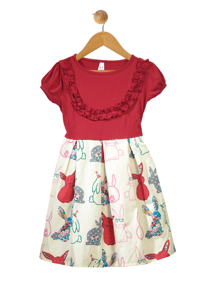 Girls Red & Off-White Cotton Printed Dress