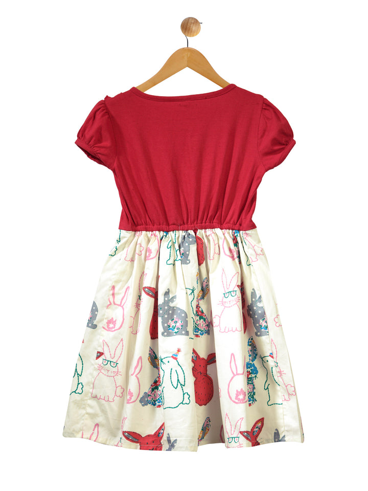 Girls Red & Off-White Cotton Printed Dress