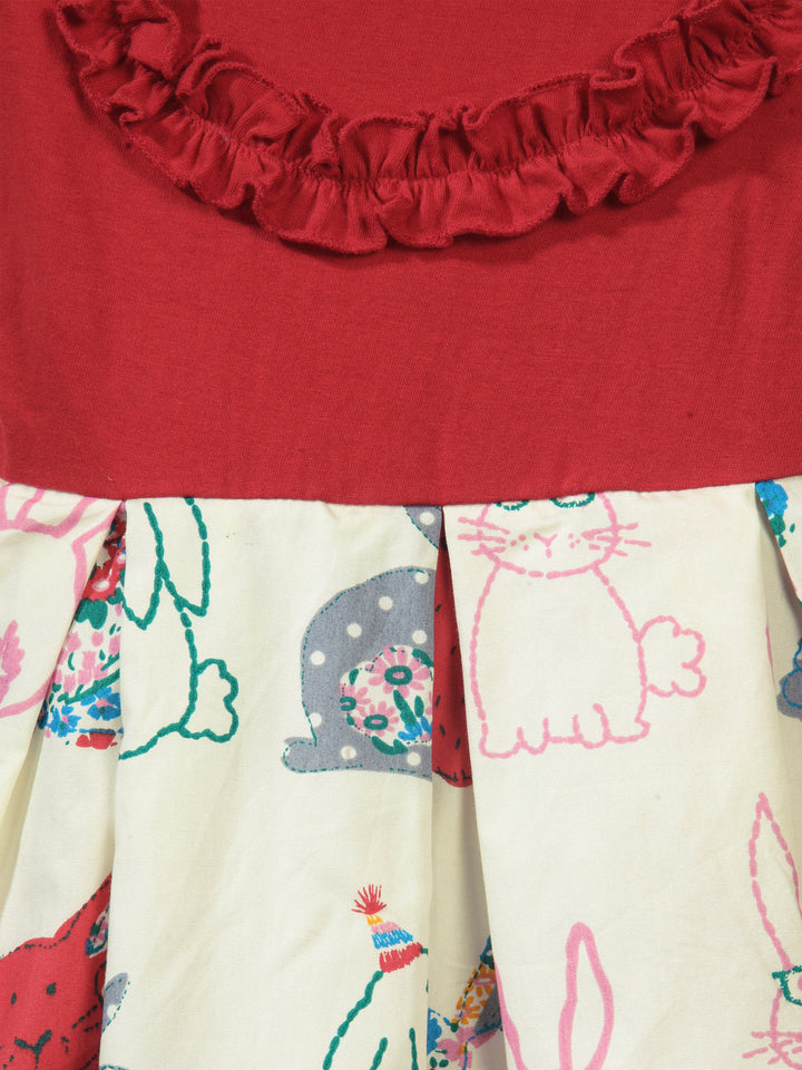 Girls Red & Off-White Cotton Printed Dress