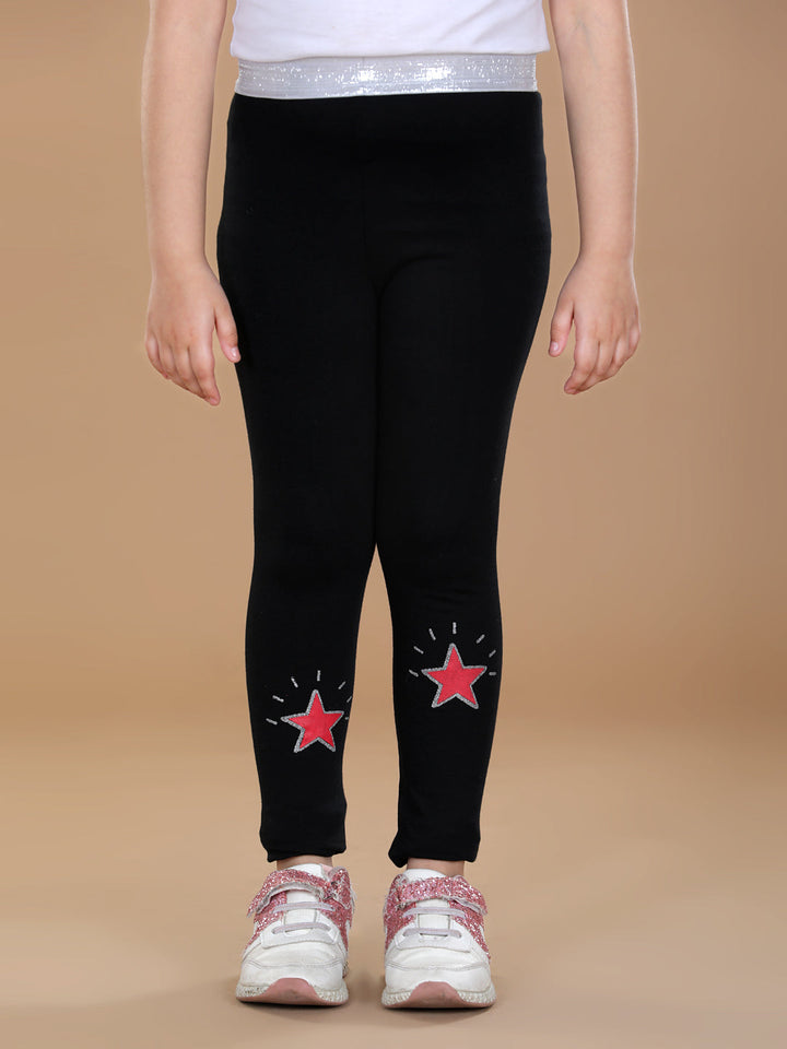 Girls Black Cotton Lycra Leggings With Silver Waistband