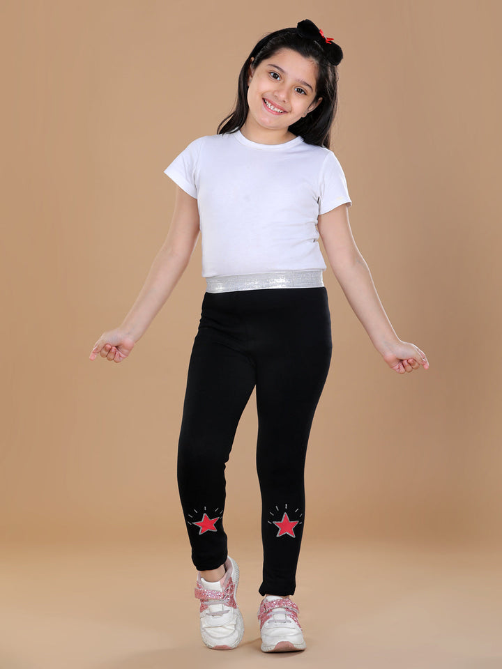Girls Black Cotton Lycra Leggings With Silver Waistband