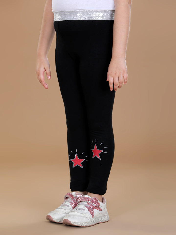 Girls Black Cotton Lycra Leggings With Silver Waistband