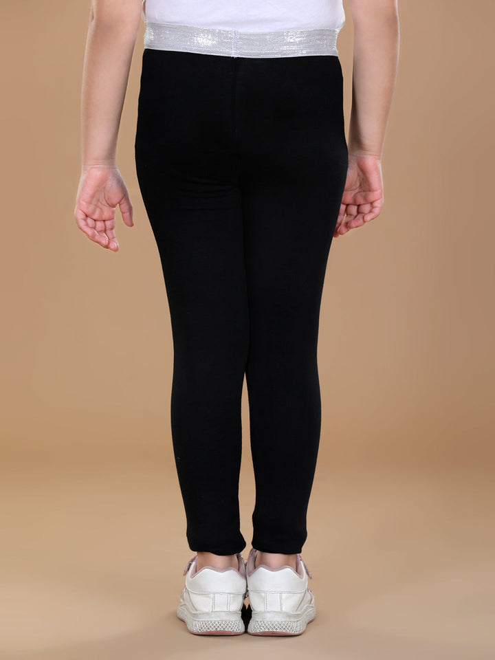 Girls Black Cotton Lycra Leggings With Silver Waistband