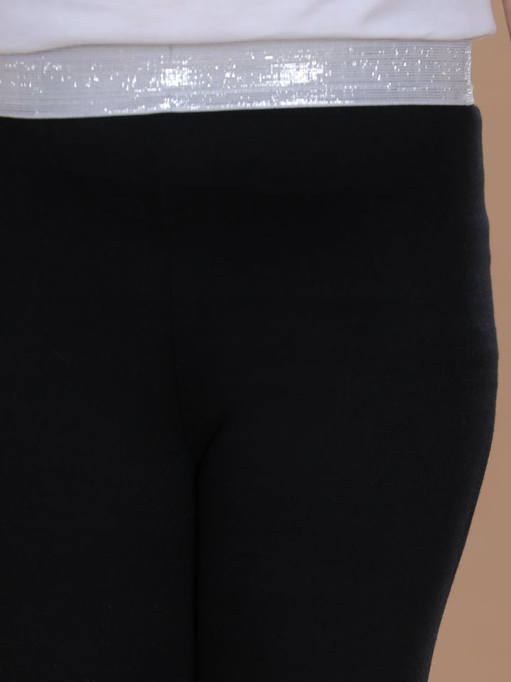 Girls Navy Blue Cotton Lycra Leggings With Silver Waistband