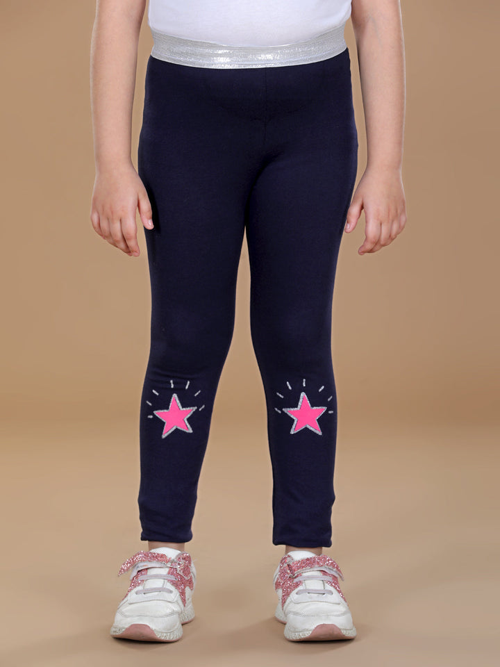 Girls Navy Blue Cotton Lycra Leggings With Silver Waistband