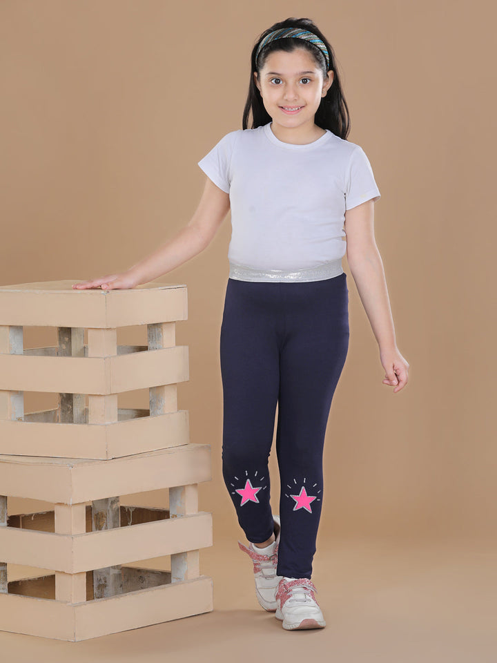 Girls Navy Blue Cotton Lycra Leggings With Silver Waistband