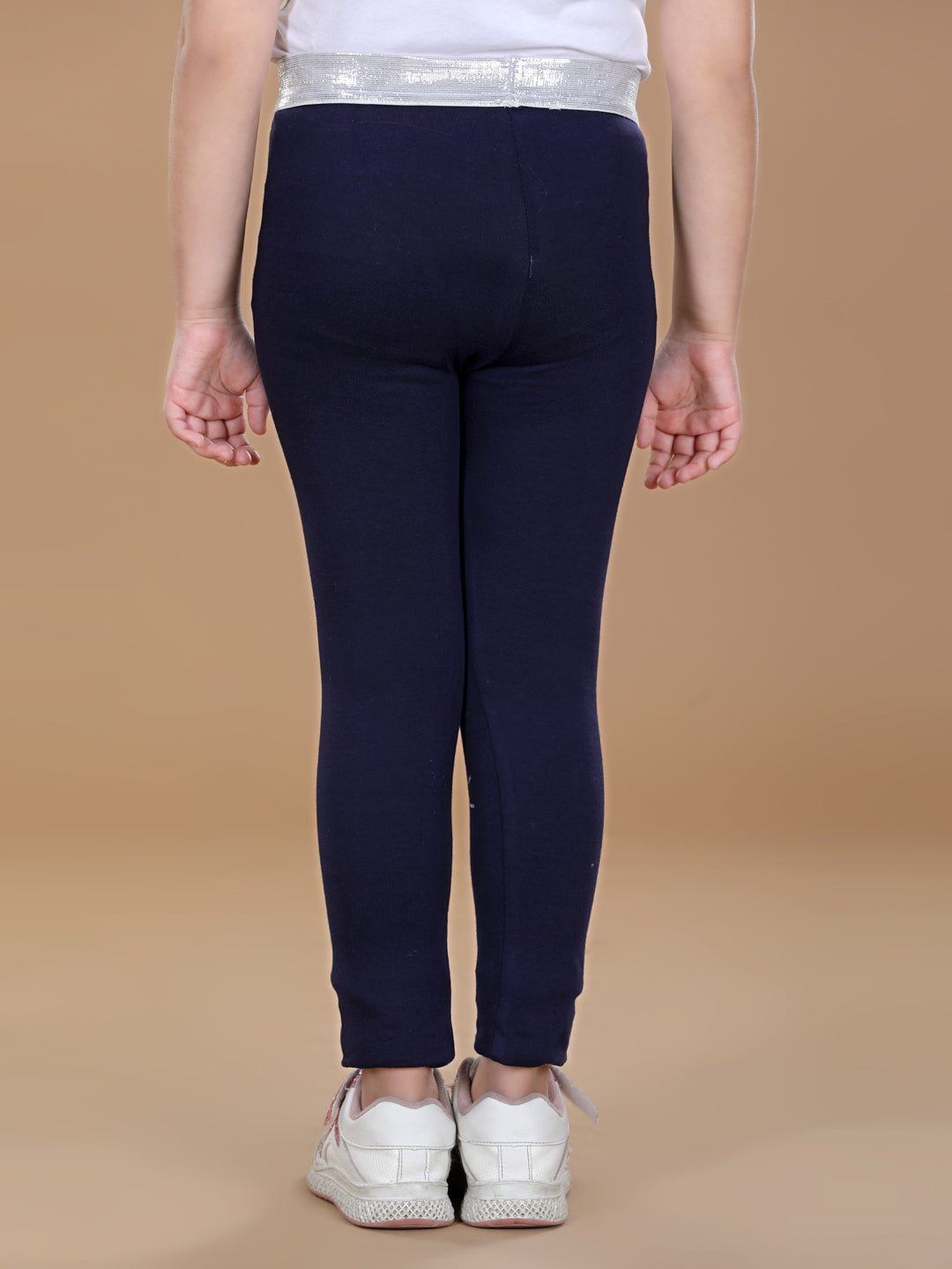 Girls Navy Blue Cotton Lycra Leggings With Silver Waistband