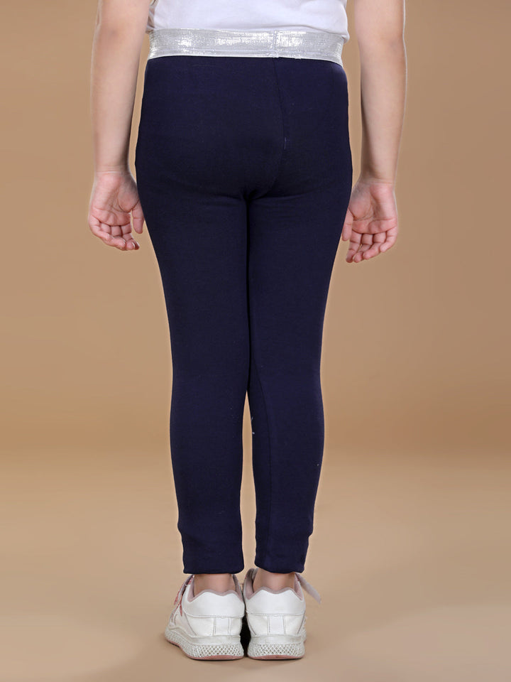 Girls Navy Blue Cotton Lycra Leggings With Silver Waistband