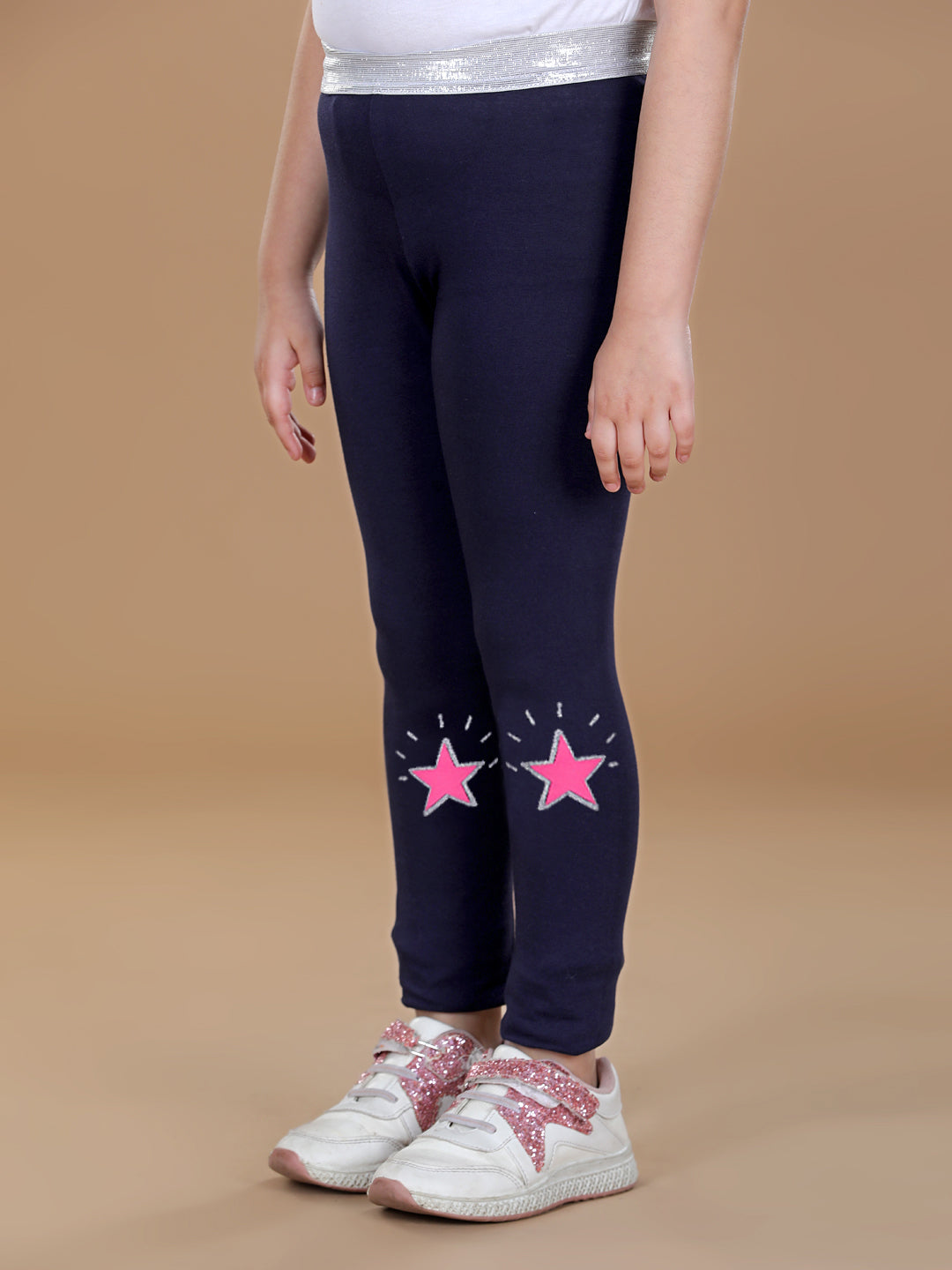 Girls Navy Blue Cotton Lycra Leggings With Silver Waistband