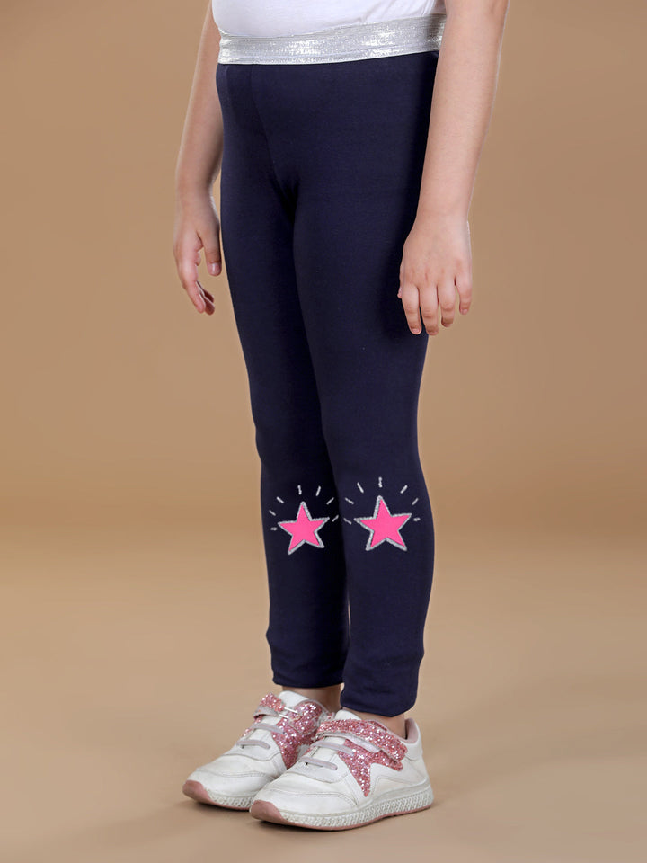 Girls Navy Blue Cotton Lycra Leggings With Silver Waistband