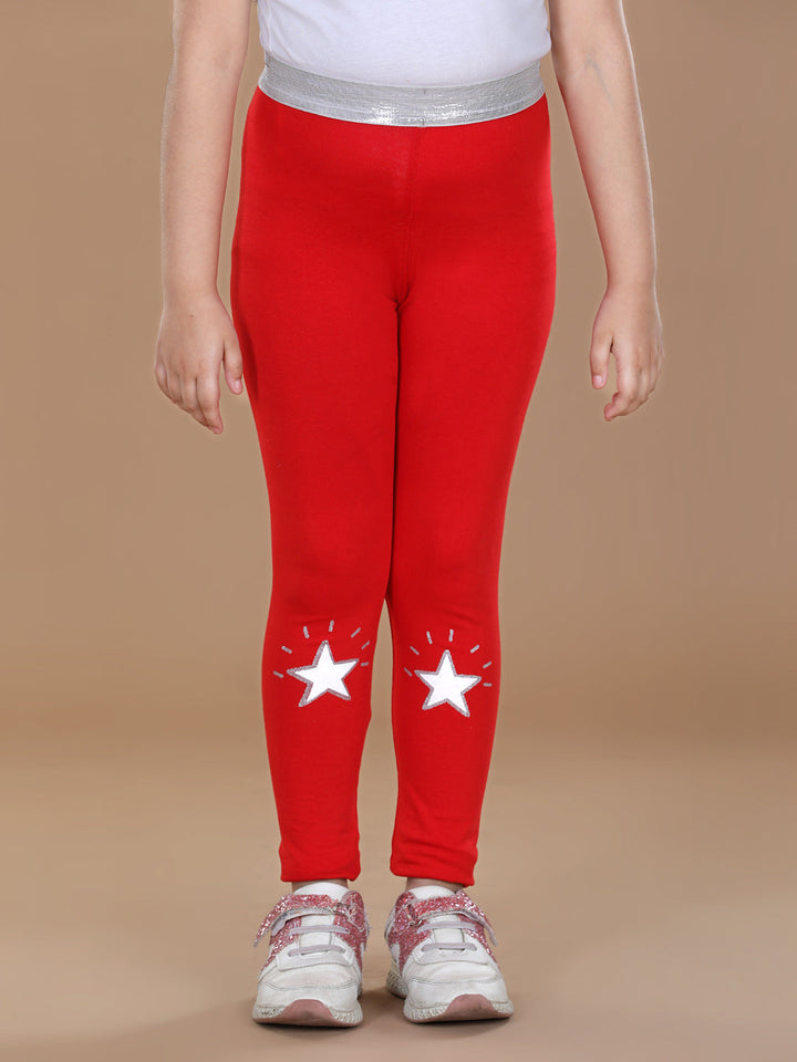 Girls Red Cotton Lycra Leggings With Silver Waistband