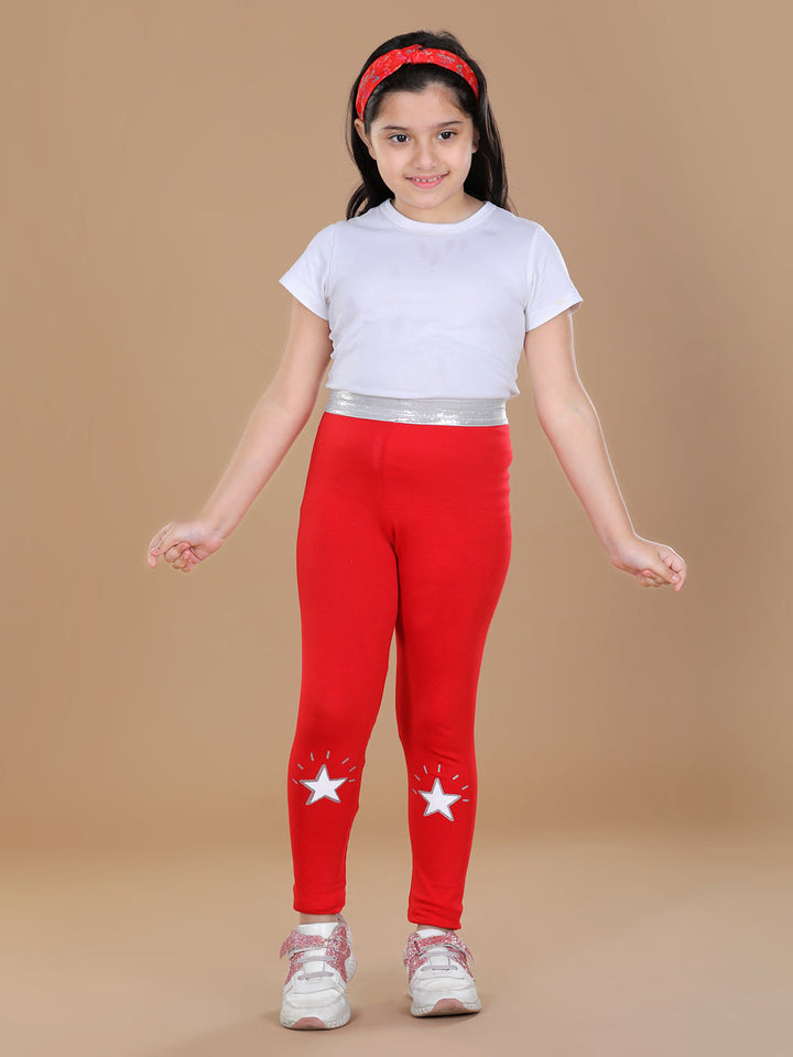 Girls Red Cotton Lycra Leggings With Silver Waistband
