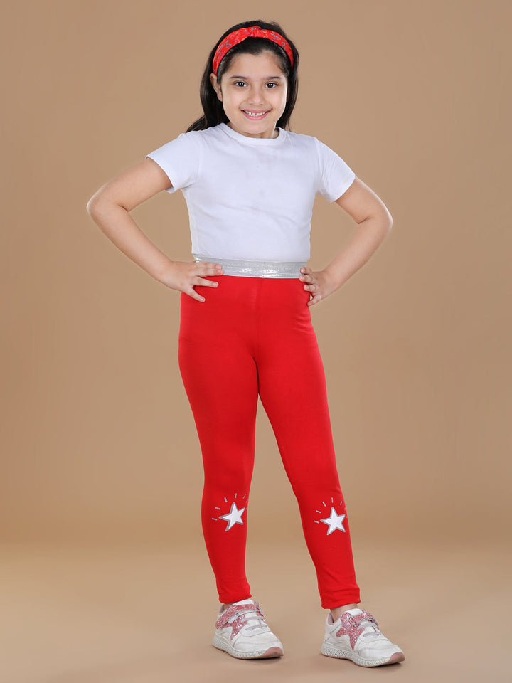 Girls Red Cotton Lycra Leggings With Silver Waistband
