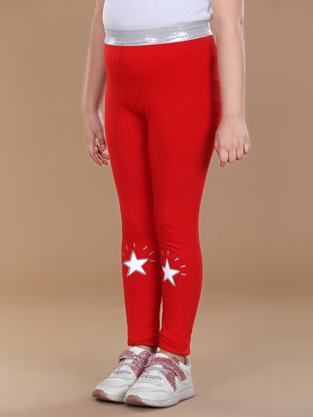 Girls Red Cotton Lycra Leggings With Silver Waistband