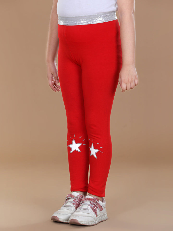 Girls Red Cotton Lycra Leggings With Silver Waistband