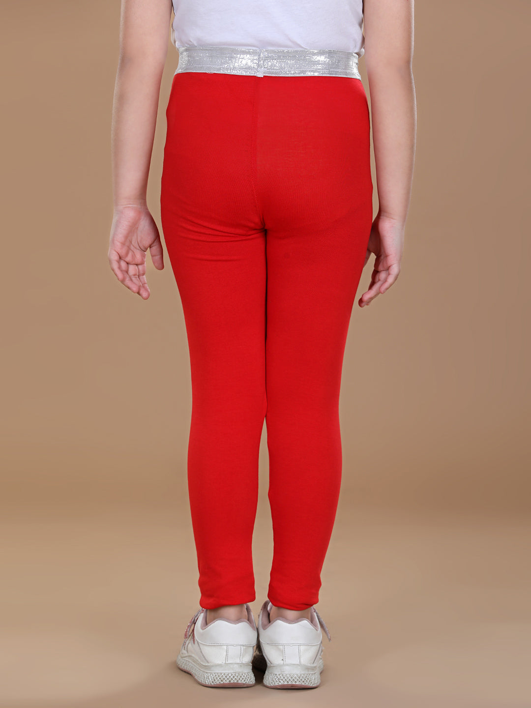 Girls Red Cotton Lycra Leggings With Silver Waistband