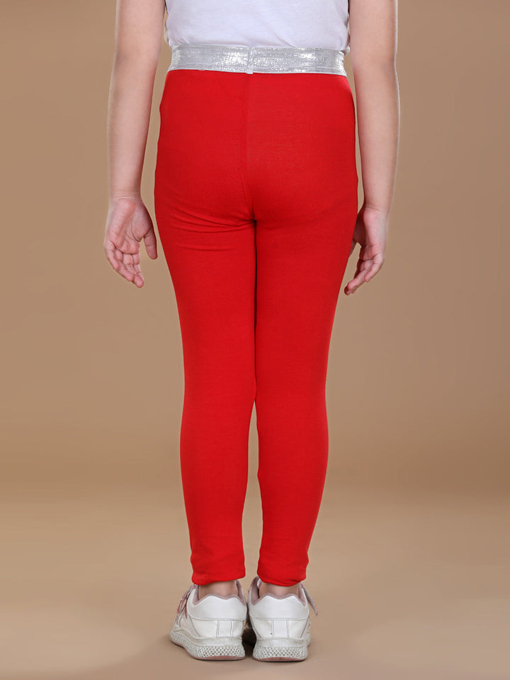 Girls Red Cotton Lycra Leggings With Silver Waistband
