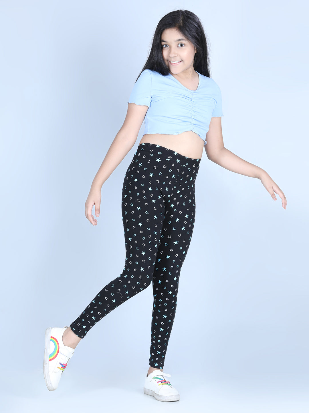 Girls Black Cotton Lycra Star Printed Leggings