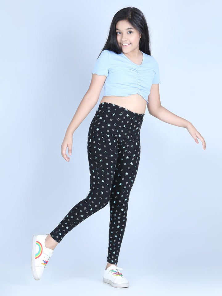 Girls Black Cotton Lycra Star Printed Leggings