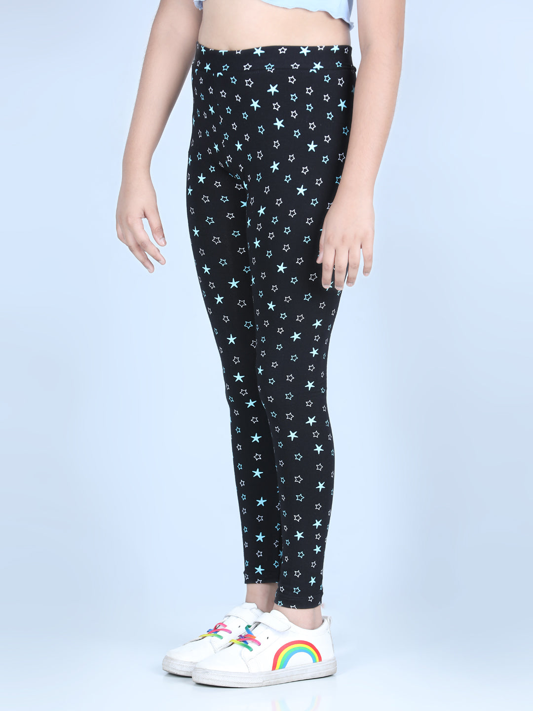 Girls Black Cotton Lycra Star Printed Leggings