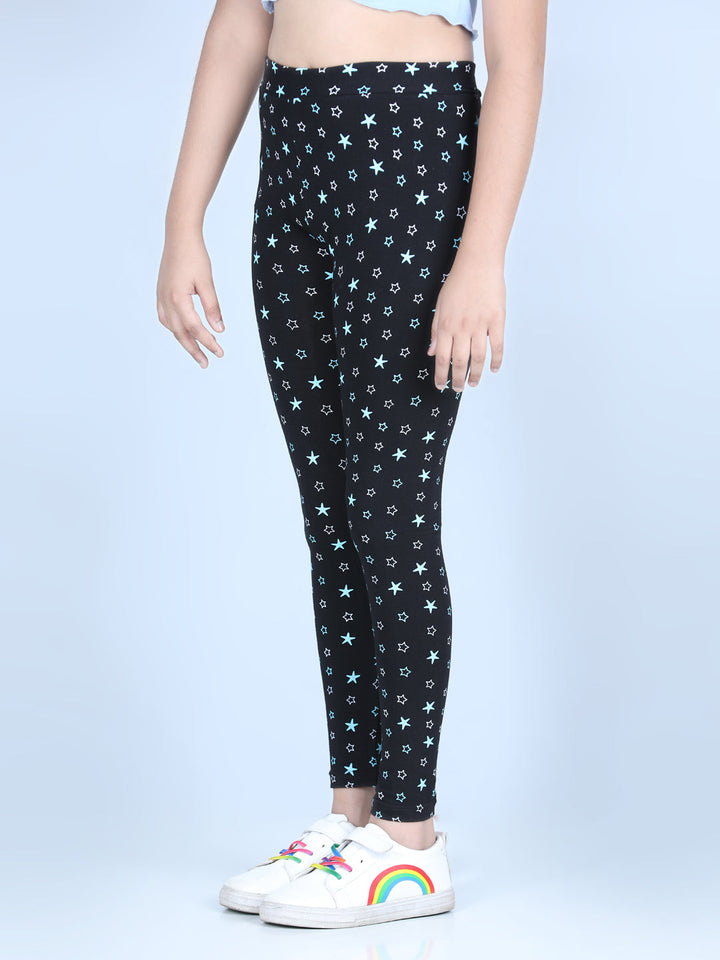 Girls Black Cotton Lycra Star Printed Leggings
