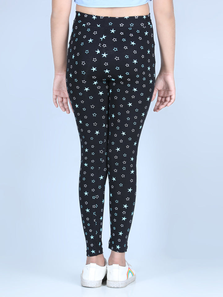 Girls Black Cotton Lycra Star Printed Leggings