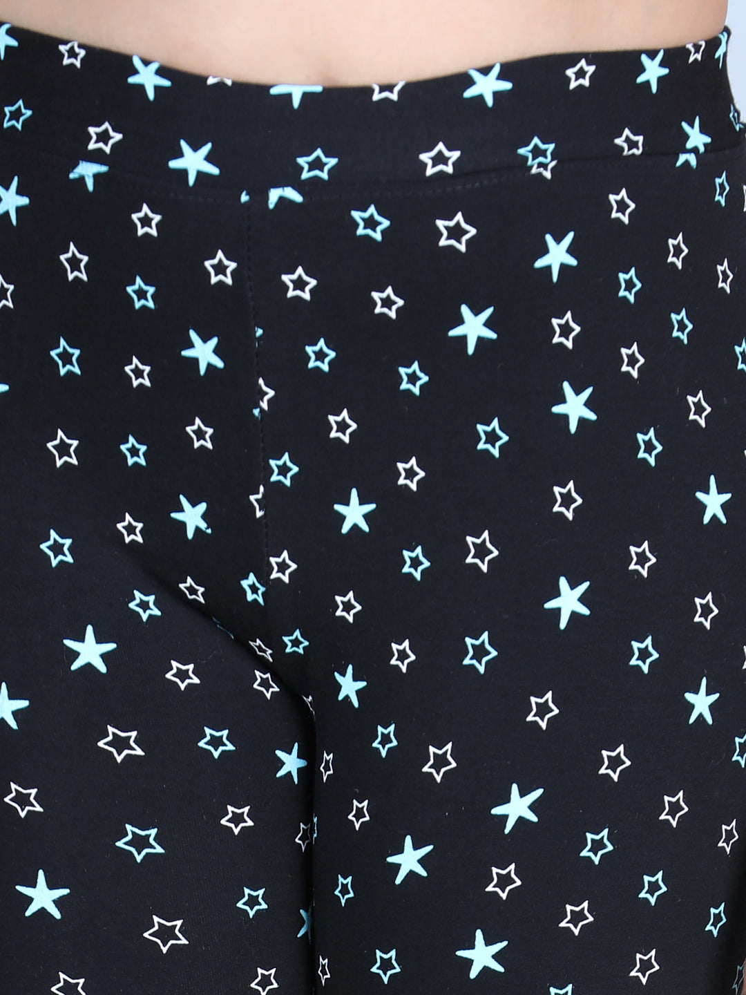 Girls Black Cotton Lycra Star Printed Leggings