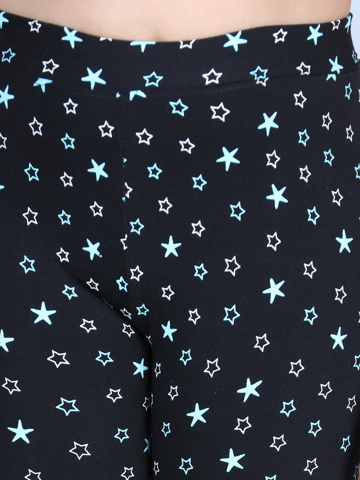 Girls Black Cotton Lycra Star Printed Leggings