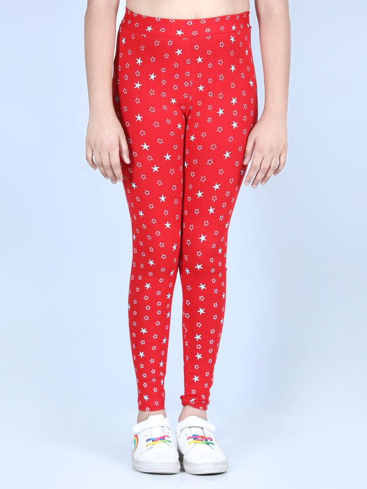 Girls Red Cotton Lycra Star Printed Leggings