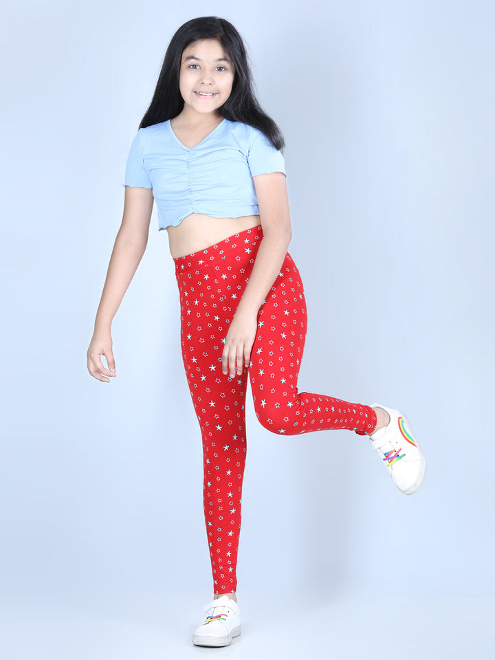 Girls Red Cotton Lycra Star Printed Leggings