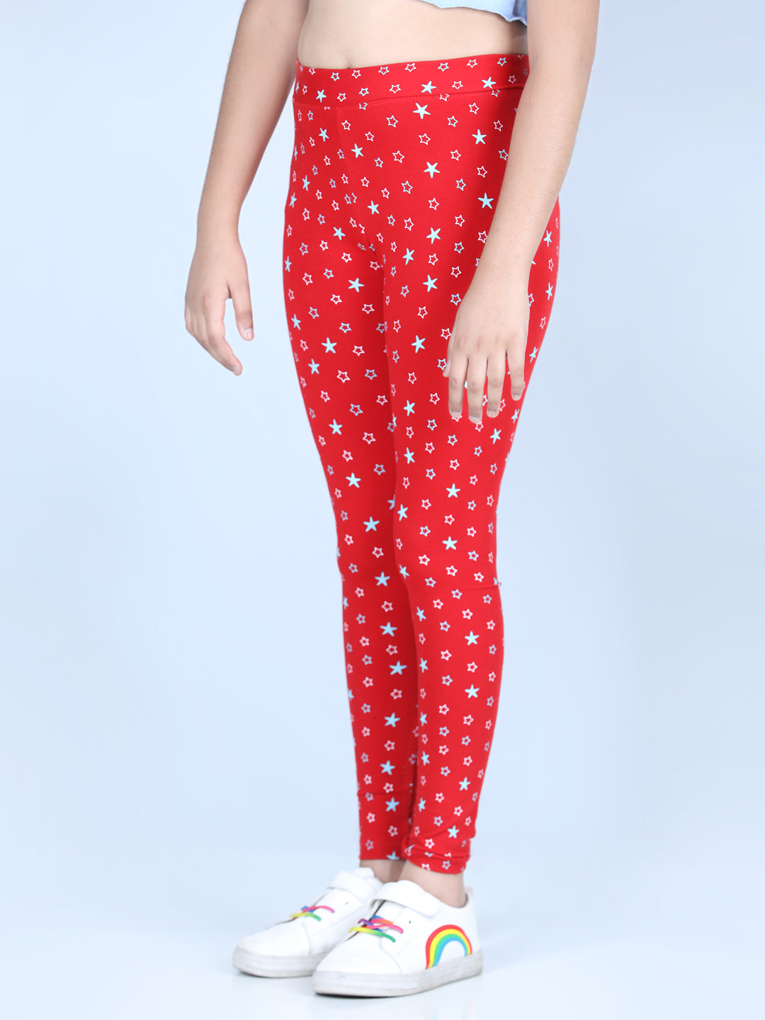 Girls Red Cotton Lycra Star Printed Leggings