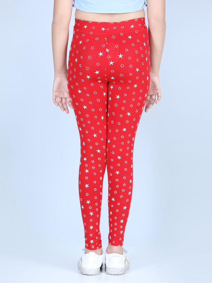 Girls Red Cotton Lycra Star Printed Leggings
