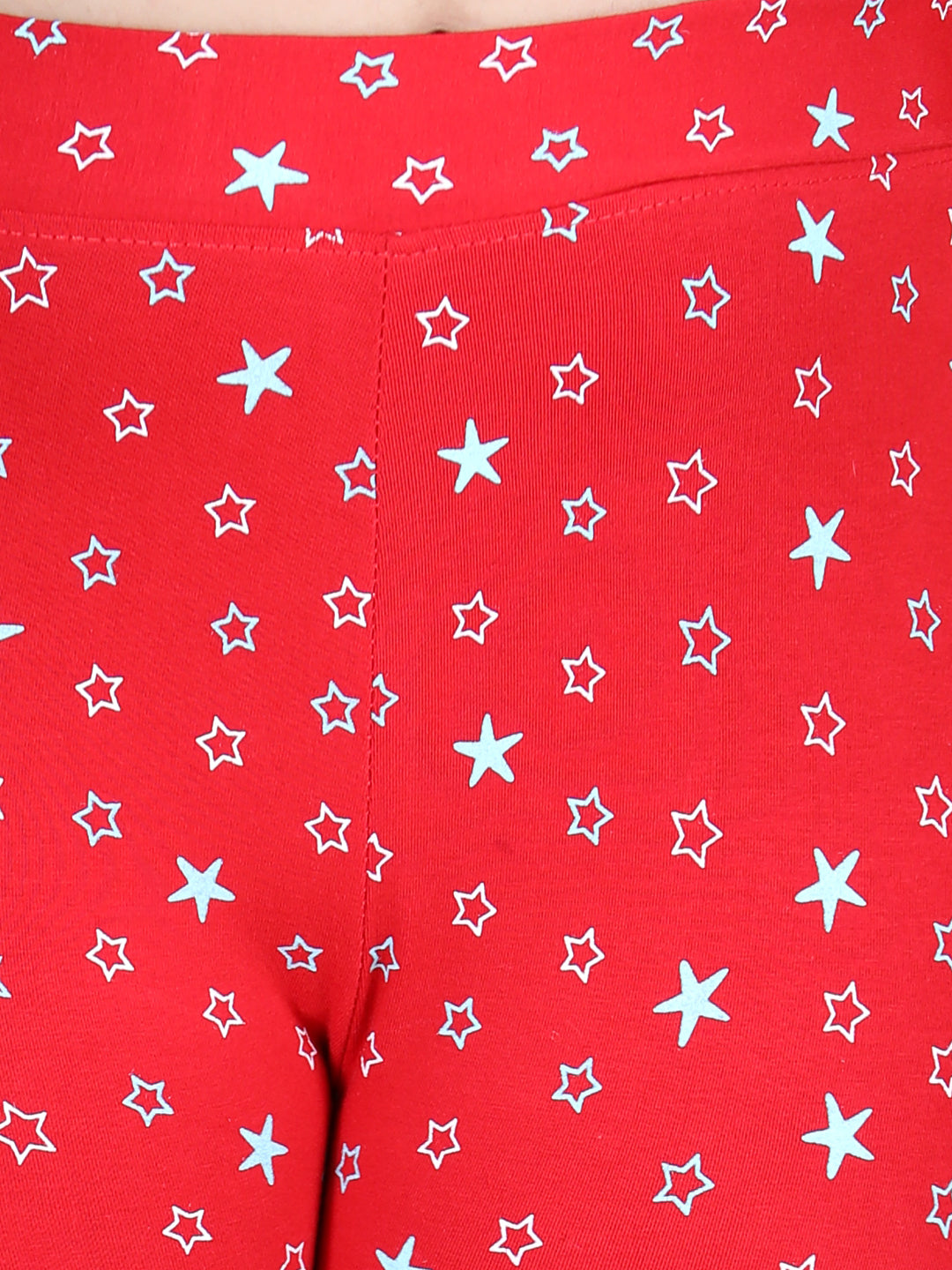 Girls Red Cotton Lycra Star Printed Leggings