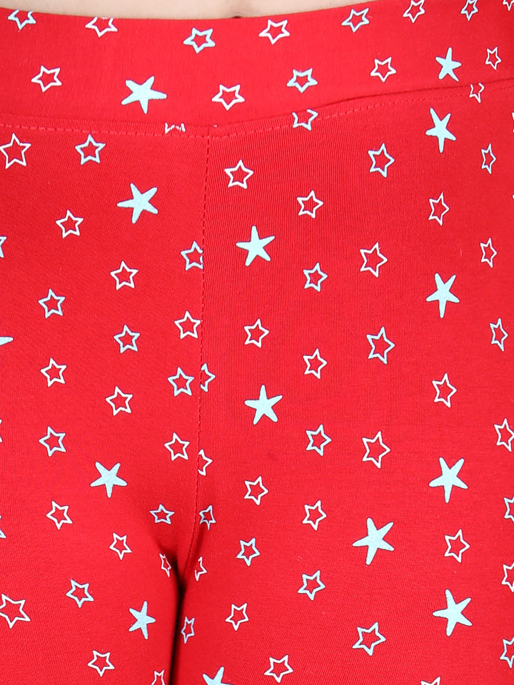 Girls Red Cotton Lycra Star Printed Leggings