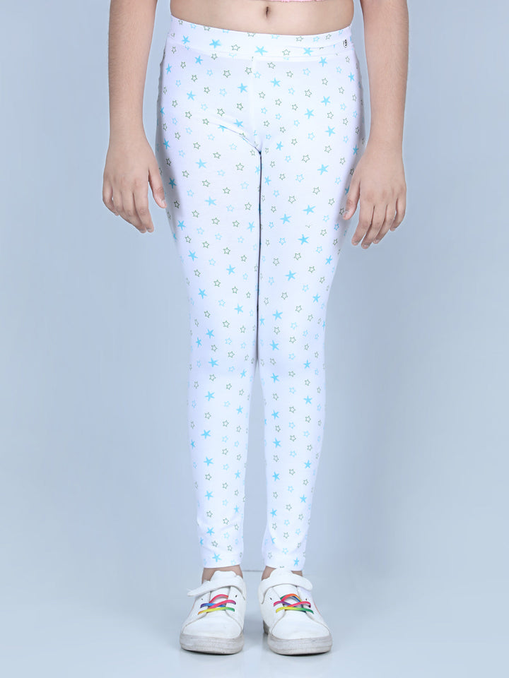 Girls White Cotton Lycra Star Printed Leggings