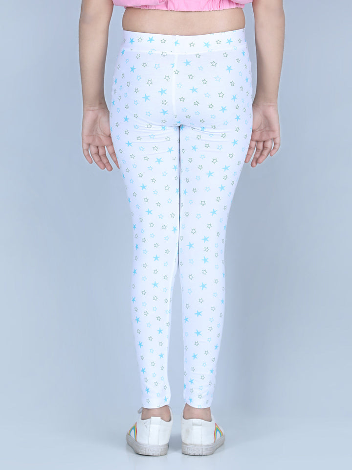 Girls White Cotton Lycra Star Printed Leggings