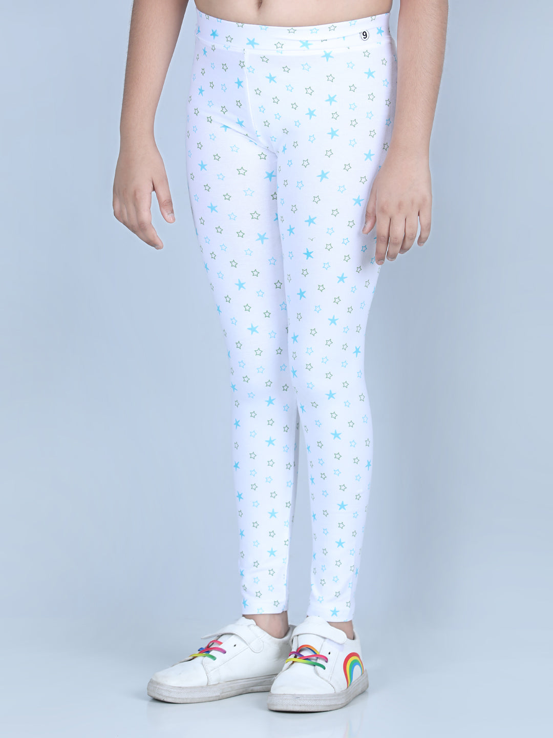 Girls White Cotton Lycra Star Printed Leggings