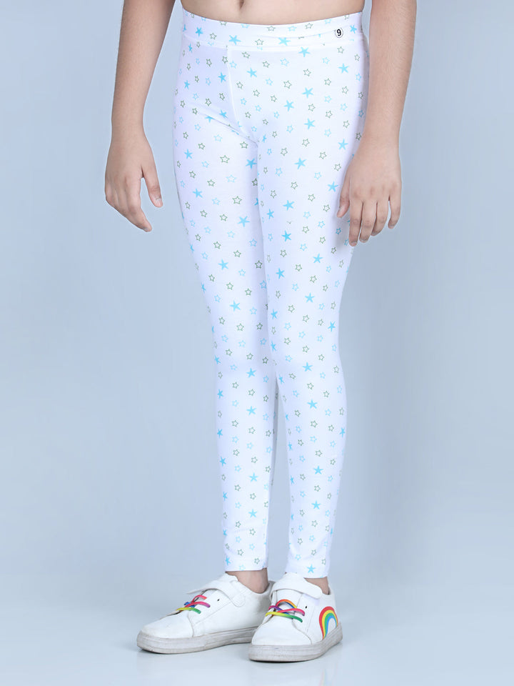 Girls White Cotton Lycra Star Printed Leggings