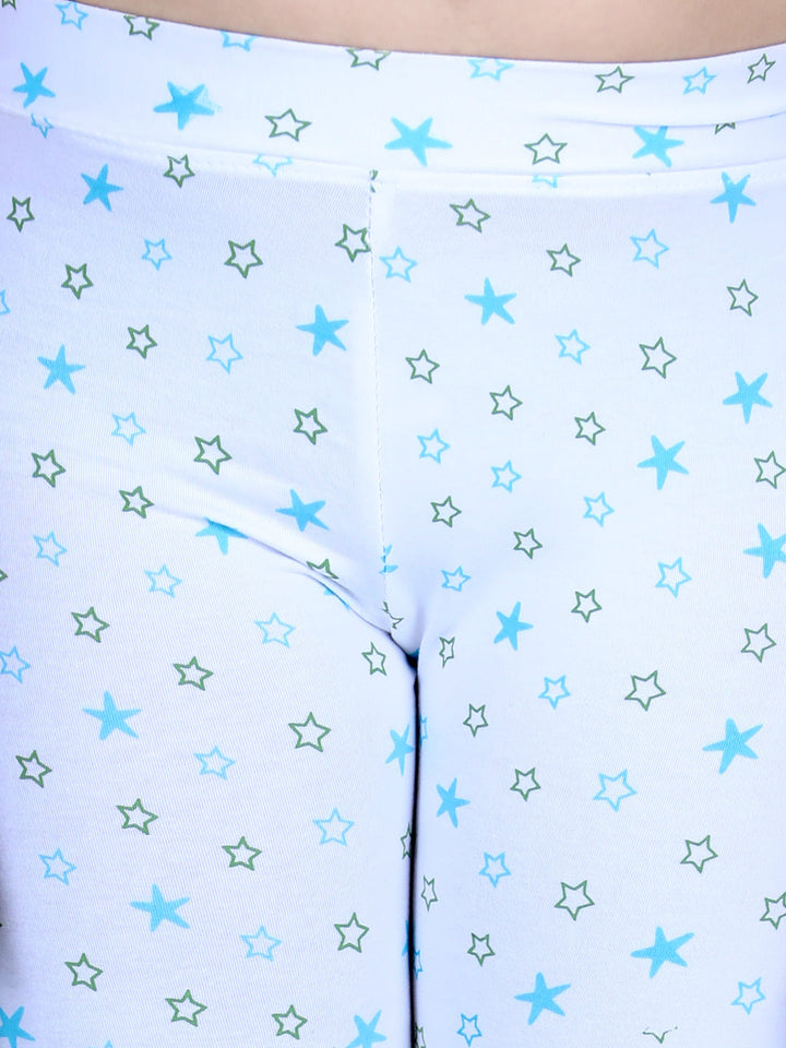 Girls White Cotton Lycra Star Printed Leggings