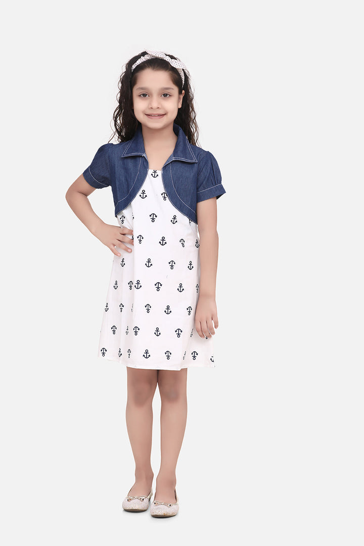 Girls White & Blue Cotton Dress With Denim Shrug