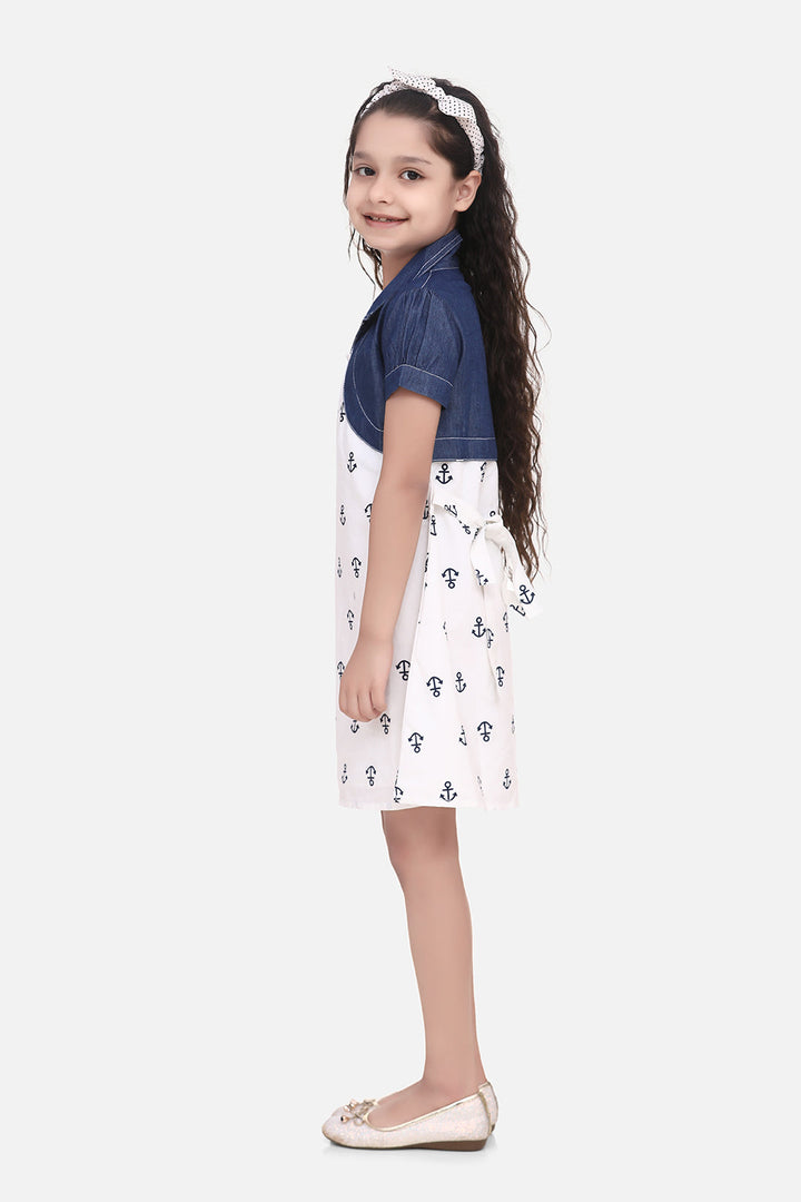 Girls White & Blue Cotton Dress With Denim Shrug