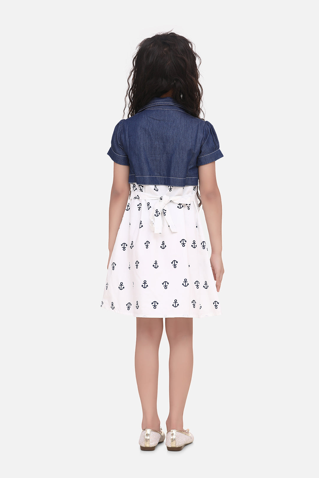 Girls White & Blue Cotton Dress With Denim Shrug