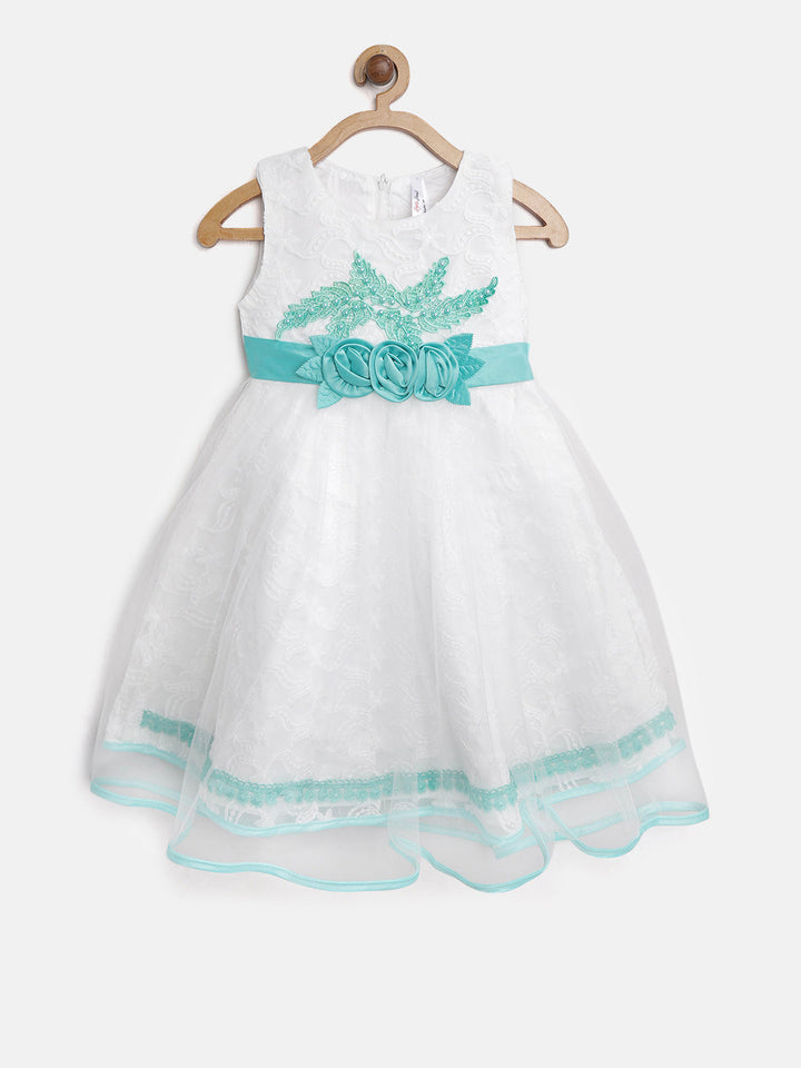 Girls White And Green Polyester Embroidered Party Dress