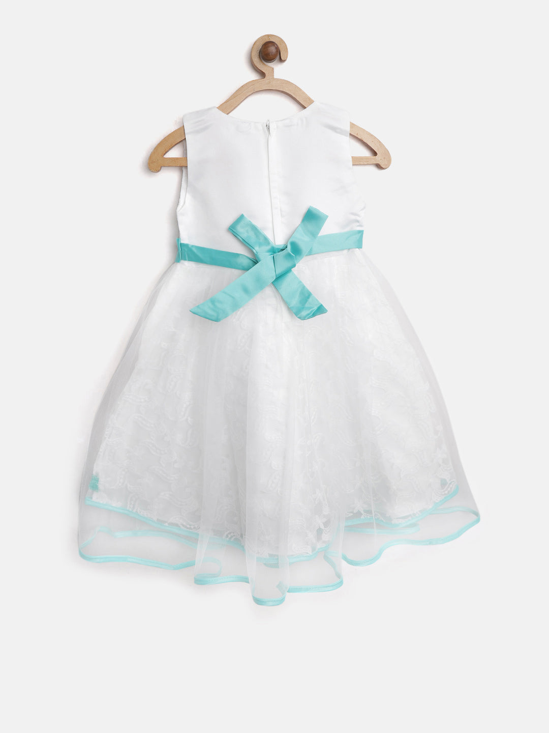 Girls White And Green Polyester Embroidered Party Dress