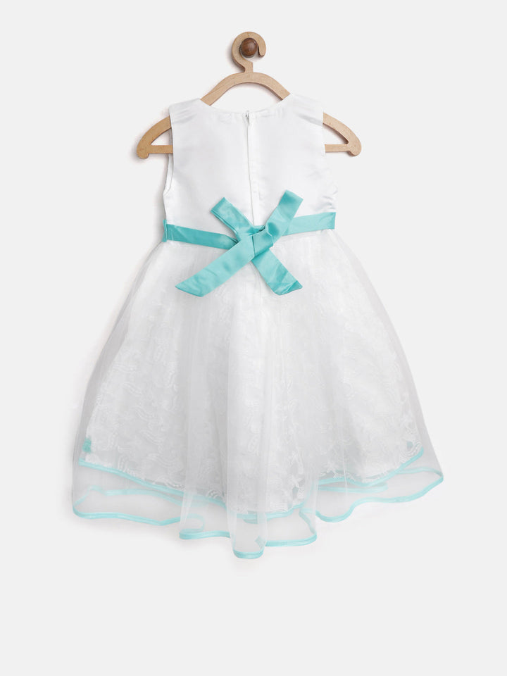 Girls White And Green Polyester Embroidered Party Dress