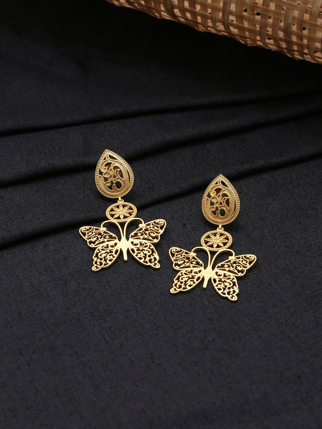 Gold-Matte Gold Meenakari Butterfly Earrings